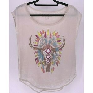 **3-for$30** Modern Dreamr T-Shirt Beige Bull Skull Feathers